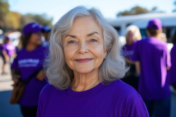 Portrait of older Caucasian woman wearing purple t-shirt at Alzheimer's awareness walk