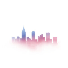 Fototapeta premium A vibrant watercolor skyline featuring modern buildings, blending hues of pink and blue, evoking a dreamy urban atmosphere. transparent background