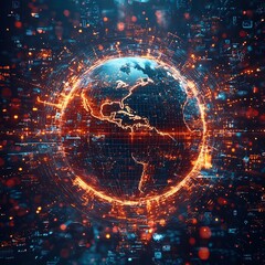 Obraz premium Digital Holographic Earth Shielded by Cybersecurity Firewalls Symbolizing Global Infrastructure Protection