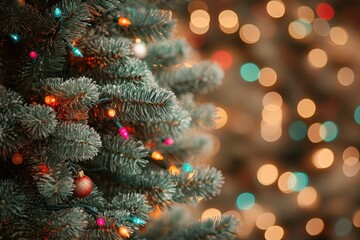 A close-up view of a Christmas tree with colorful lights, perfect for decorating or gift-giving