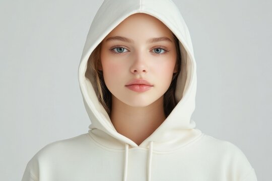 A woman wearing a white hoodie looks directly into the camera