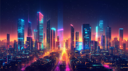A vibrant futuristic cityscape glowing with holographic displays and sleek skyscrapers