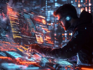 Cybersecurity Analyst Monitoring Futuristic Digital Interface with Holographic Data Streams