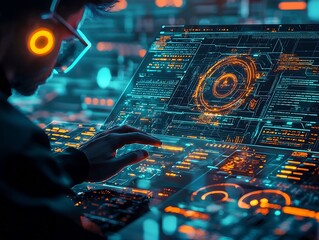 Cybersecurity Analyst Monitoring Futuristic Holographic Interface for Cyber Threat Detection