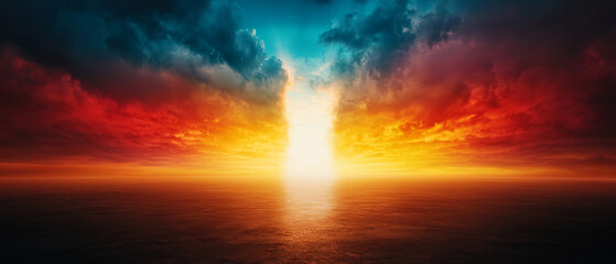 Naklejka premium Surreal Waterfall: Crystal Formations and a Rainbow-Hued Sunset Sky 