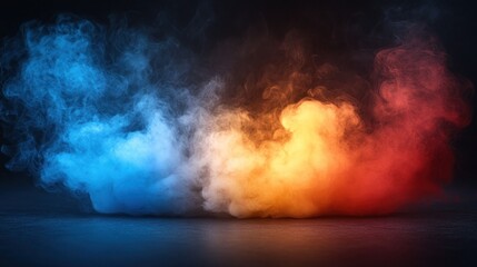 Obraz premium Abstract blue, orange, and red smoke clouds on dark background.