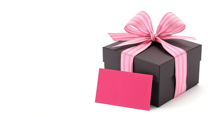 Obraz premium black gift box with a pink ribbon and card