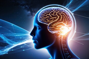 Fototapeta premium Neuroscience and Intelligent Systems Research Exploring Human Brain Connectivity with Luminous Neural Networks Against a Cosmic Background