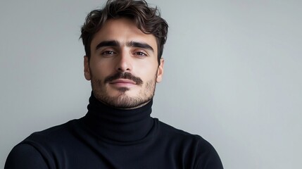 Fototapeta premium Minimalist Portrait of Handsome Man in Black Turtleneck Against Clean White Background