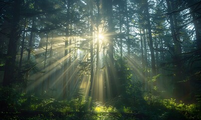 Naklejka premium Mystical Sunlight Rays, Sunlight filtering through the dense canopy of old spruce, fir, and pine trees