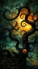  a painting of a tree with a full moon in the background The tree is animated, with its branches and leaves swaying in the wind The moon is a bright yellow, illumi