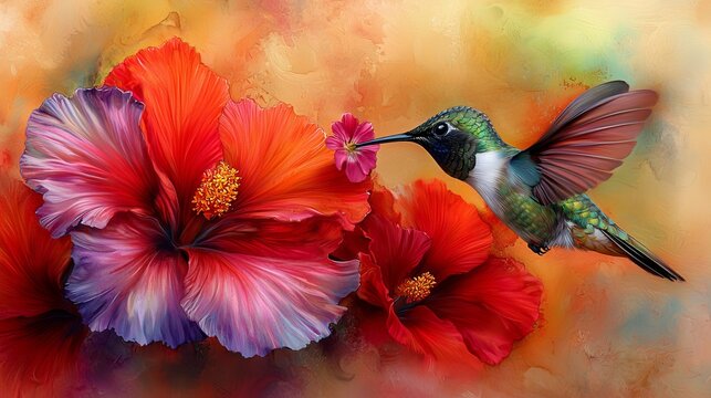  a hummingbird flying over a vibrant red hibiscus flower, its wings spread wide as it soars through the air The background is a mix of bright colors, creating a bea