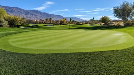 Obraz premium Scenic Golf Course Green with Blue Sky and Mountain View, Ideal for Golf Enthusiasts Seeking Picturesque Landscapes and Playful Challenges in Nature