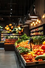 A bustling produce section in a grocery store filled with fresh fruits and vegetables