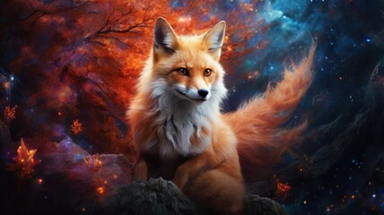 A red fox with flowing fur stands in a mystical forest with a swirling, starry sky.