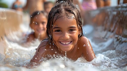 Smiling Children Joyfully Sliding Down a Refreshing Water Slide on a Sunny Summer Day at the Playground