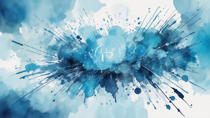 Subtle watercolor splashes with coding scripts and tech symbols in cool blue tones