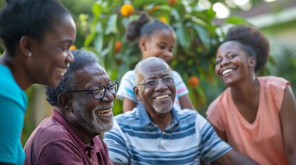 A joyful family reunion with generations gathered, sharing stories and smiles in a backyard setting