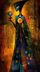  a woman in a colorful dress holding a lamp, with a painting of a person in the background The painting is an illustration of a witch, with intricate details and vi