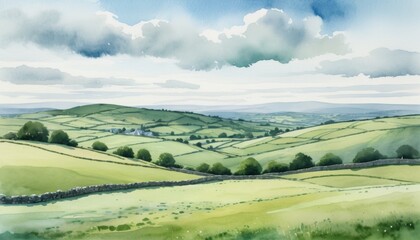 Fototapeta premium Watercolor Irish landscape capturing the serene beauty of rolling green hills for St. Patricks Day celebration