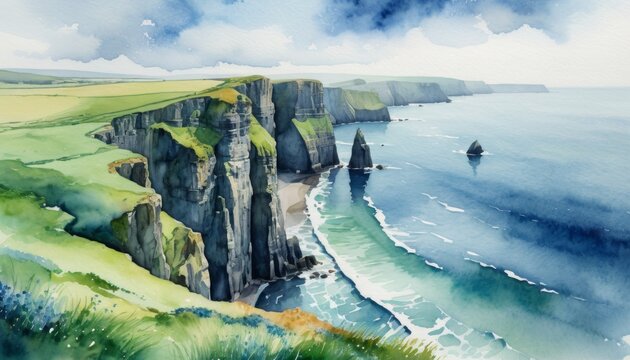 Stunning watercolor illustration of rugged cliffs and serene coastline celebrating St. Patricks Day in a vibrant, lush Irish landscape
