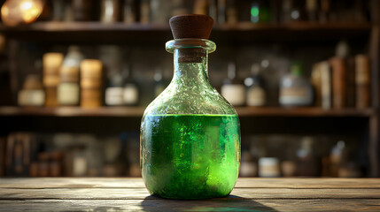 Mystical green potion bottle in vintage apothecary shop.