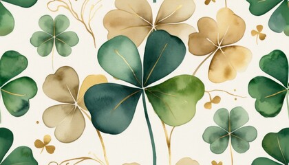 Beautiful watercolor illustration celebrating St. Patricks Day with green and gold clovers in a decorative pattern perfect for spring festivities