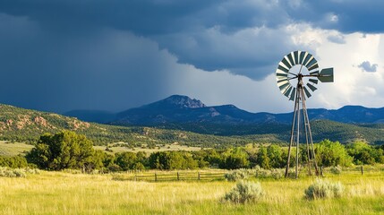Majestic Rural Landscape Featuring a Windmill Against Darkening Storm Clouds with Rolling Green Hills in the Background and Vibrant Grazing Fields Underneath the Dramatic Sky