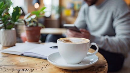 Fototapeta premium Cup of cappuccino with a notebook on a table.