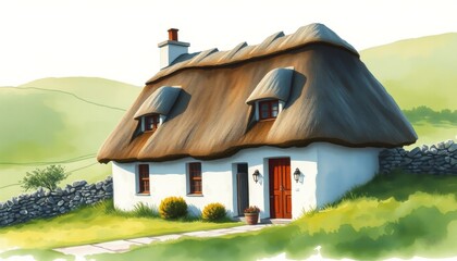 Watercolor illustration of a charming thatched Irish cottage set against a rolling green landscape for St. Patricks Day celebration