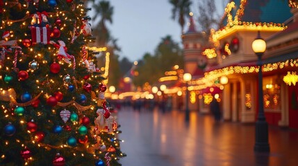Fototapeta premium Festive Christmas Tree Lights Decorated Street Scene