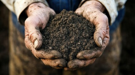 A pair of hands holding dark, rich soil, symbolizing connection to nature and agriculture.