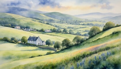 Naklejka premium Charming watercolor depiction of rolling green hills and a quaint cottage in a lush Irish landscape celebrating St. Patricks Day