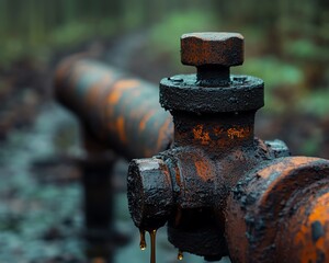 Close-up of a rusty industrial pipe valve surrounded by nature, showcasing decay and environmental interaction.