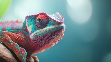 Obraz premium A vibrant chameleon perched on a branch, showcasing its colorful skin in a serene natural setting.