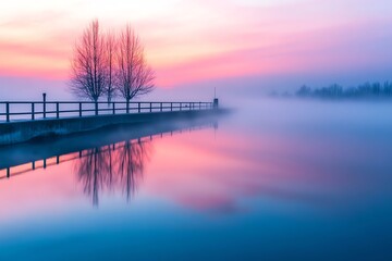 Obraz premium A serene landscape featuring a calm river, reflections, and vibrant colors during twilight, evoking tranquility.