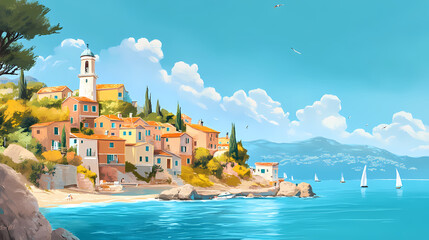 Quaint coastal village overlooking serene blue waters under a clear sky. Sunny Coastal Village. Illustration