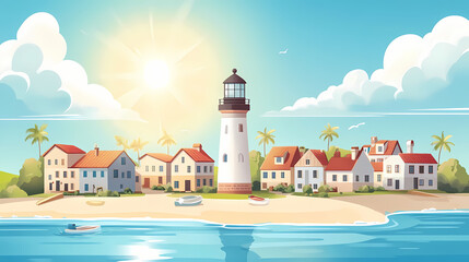 Lighthouse shining over a coastal village on sunny summer day. Sunny Coastal Village. Illustration