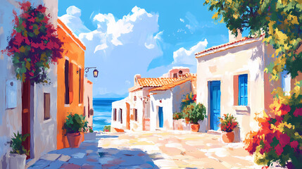 Illustration of stylistic small mediterranean architecture in painting style. Sunny Coastal Village. Illustration