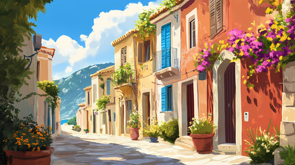Illustration of stylistic small mediterranean architecture in painting style. Sunny Coastal Village. Illustration