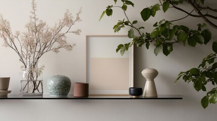 Modern Minimalist Still Life with Natural Elements on a Shelf Featuring Vases, Frames, and Delicate Foliage Creating a Calming Atmosphere