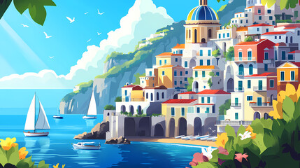 Colorful coastal village with domed buildings, boats sailing, and bright sky on the amalfi coast in italy during a sunny day. Sunny Coastal Village. Illustration