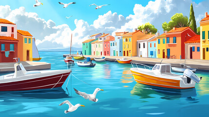 Colorful coastal village with boats and seagulls in a serene harbor during a bright sunny day. Sunny Coastal Village. Illustration