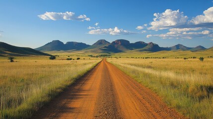 Dirt Road Leading Towards Majestic Mountains Under Blue Sky