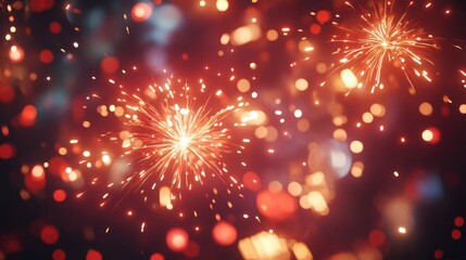 Obraz premium Vibrant red and gold fireworks bursting in the sky, with transparent space for writing beneath.