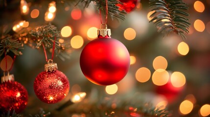 Red Ornaments Adorn Christmas Tree With Warm Lights