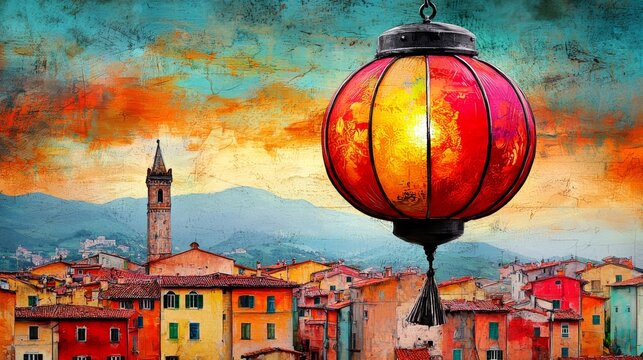  a red Chinese lantern hanging from the side of a building, with a number of buildings in the foreground and mountains in the background The sky is painted in a bea