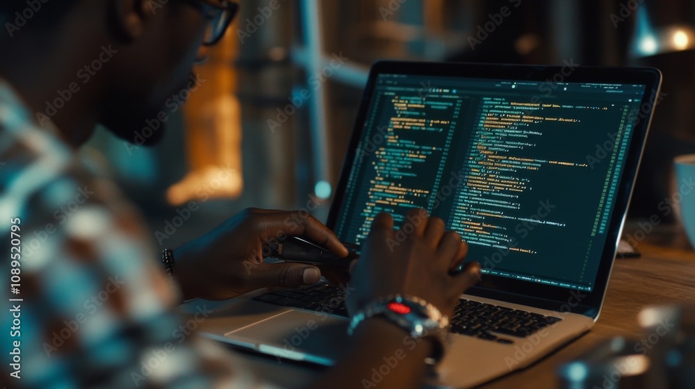 Poster coding session home office digital workspace indoor close-up focus on programming and technology tre