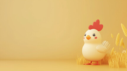 cartoon of chicken on orange background, free space for text