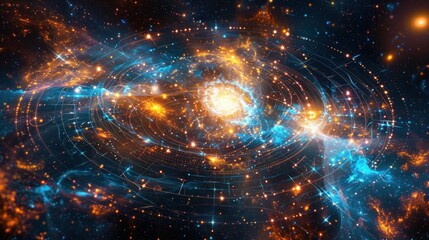 Fototapeta premium An abstract digital art background image with swirling blue and orange energy flowing through a dark, starry space.